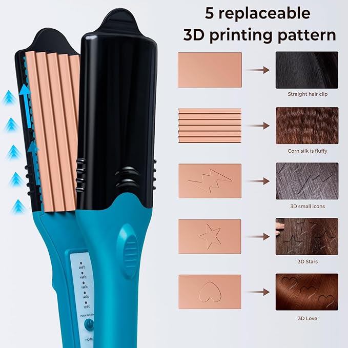 3D Hair Crimper with 5 Interchangeable Plates