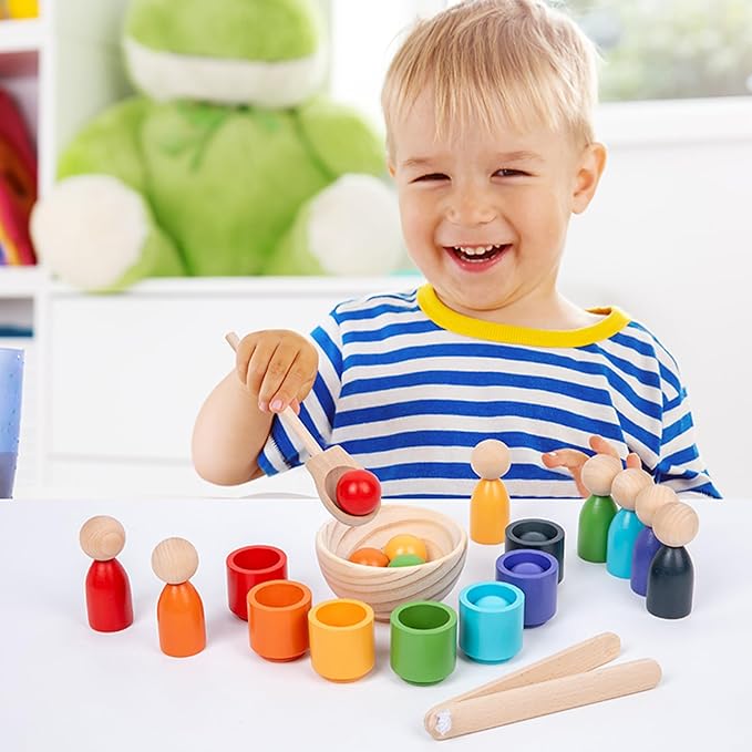 Montessori Balls in Cups Wooden Peg Dolls in Cups