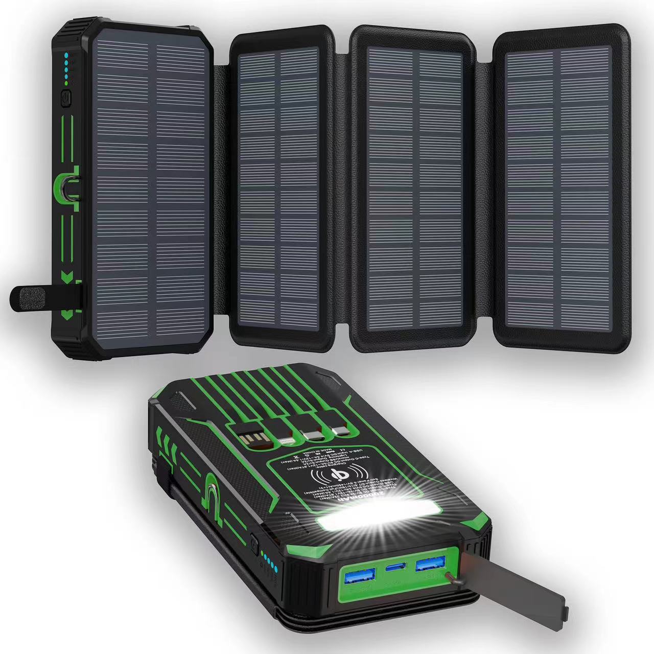 🌞20000mAh Solar Power Bank with Foldable Panels, Wireless Charging & LED Flashlight