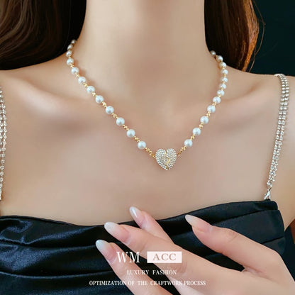 Magnetic Heart-Shaped Rhinestone & Pearl Necklace