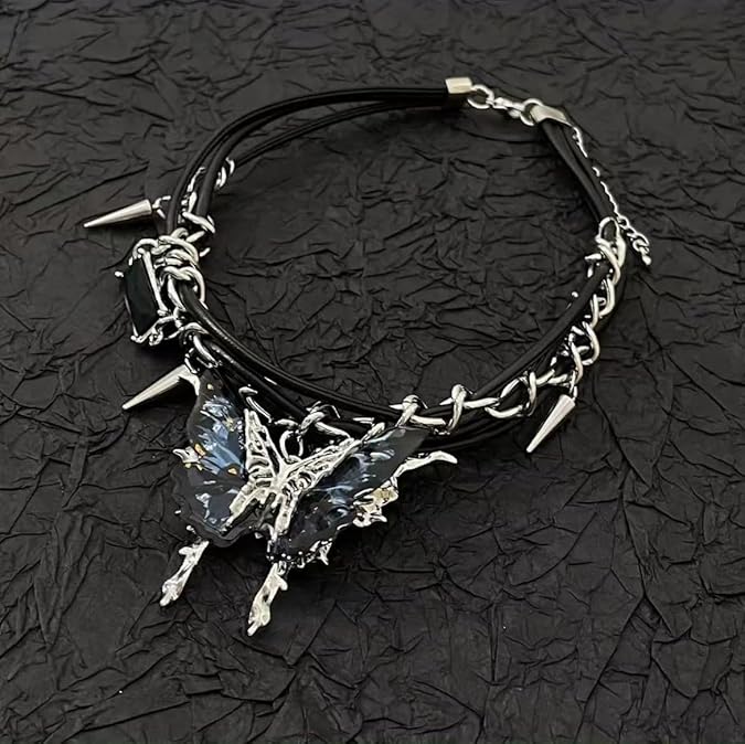 Double-Layer Butterfly Pendant Leather Cord Rivet Necklace