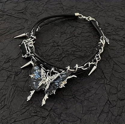 Double-Layer Butterfly Pendant Leather Cord Rivet Necklace