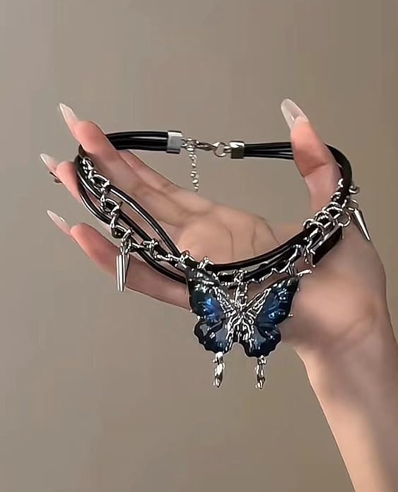 Double-Layer Butterfly Pendant Leather Cord Rivet Necklace