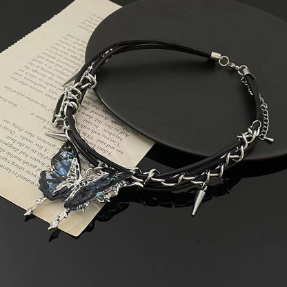Double-Layer Butterfly Pendant Leather Cord Rivet Necklace