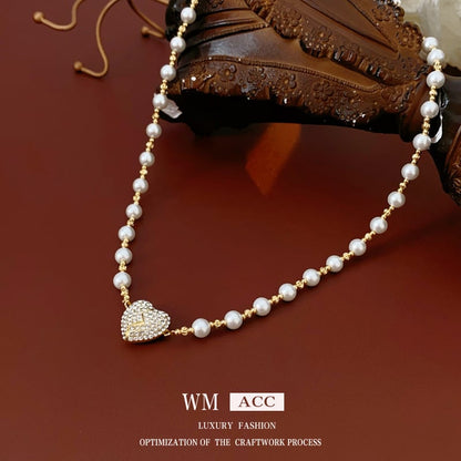 Magnetic Heart-Shaped Rhinestone & Pearl Necklace