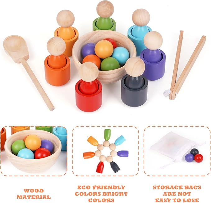 Montessori Balls in Cups Wooden Peg Dolls in Cups