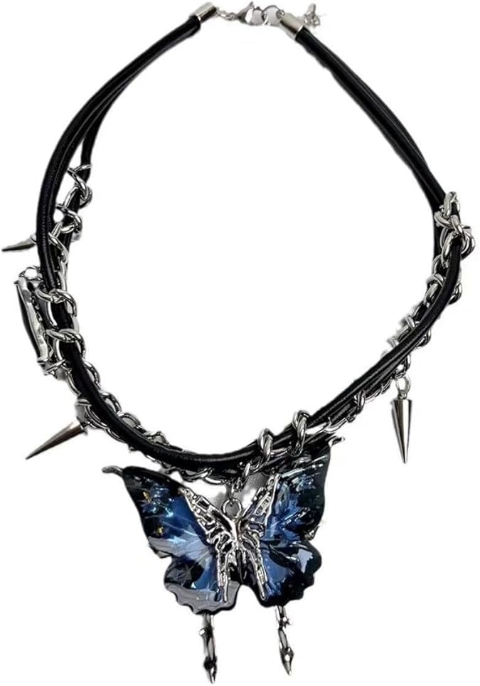 Double-Layer Butterfly Pendant Leather Cord Rivet Necklace