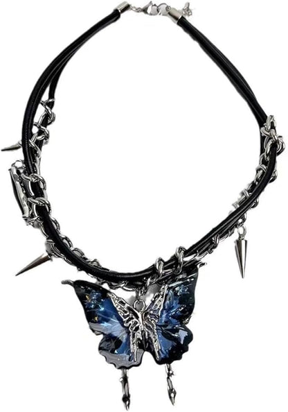 Double-Layer Butterfly Pendant Leather Cord Rivet Necklace