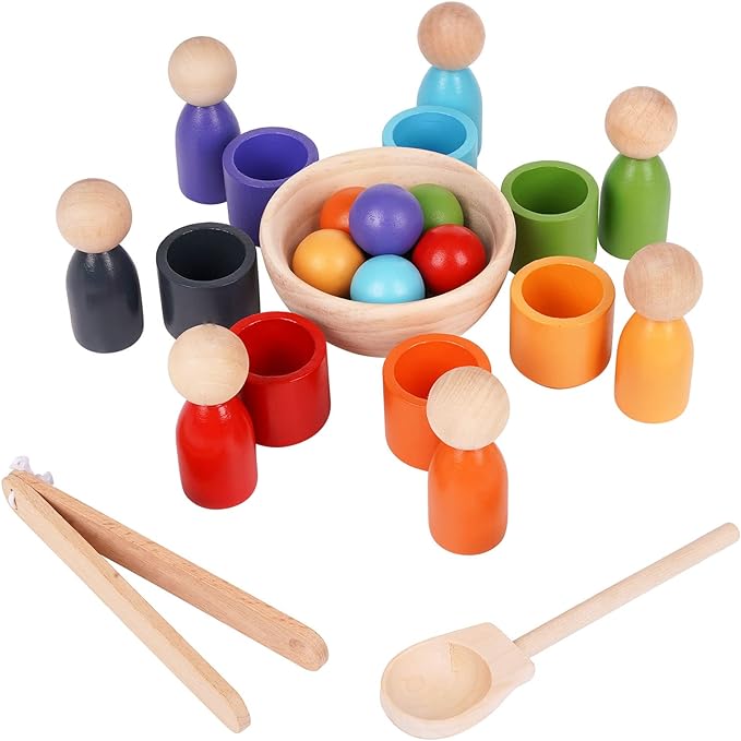 Montessori Balls in Cups Wooden Peg Dolls in Cups