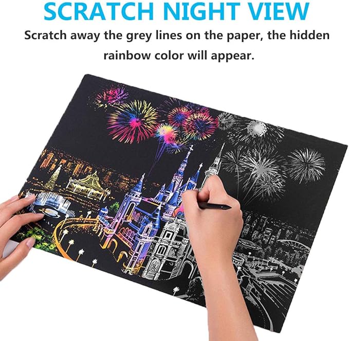 Scratch Paper Rainbow Painting Sketch Pads DIY Art Craft Night View