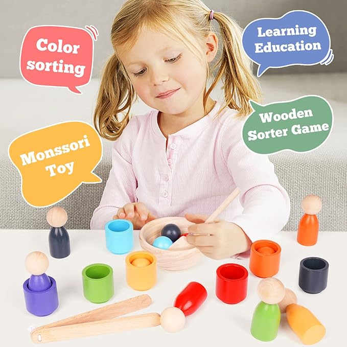 Montessori Balls in Cups Wooden Peg Dolls in Cups