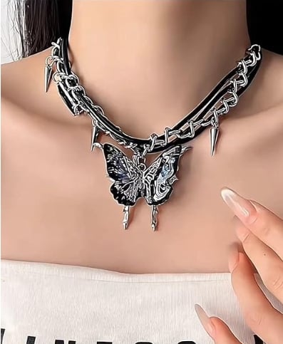 Double-Layer Butterfly Pendant Leather Cord Rivet Necklace