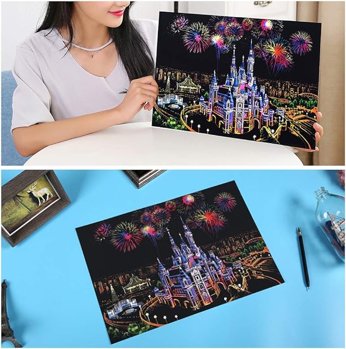 Scratch Paper Rainbow Painting Sketch Pads DIY Art Craft Night View